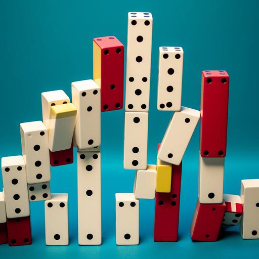 Create an image representing a series of falling dominos, each symbolizing a potential pitfall or mistake that can occur during an integration process. The dominos should be positioned in a dynamic, cascading pattern to demonstrate the domino effect of mistakes. Each domino should be distinct, with unique colors and designs symbolizing different pitfalls such as 'Inadequate Communication', 'Misalignment of Teams', and 'Overlooking Key Relationships'. The image should capture the exact moment when the first domino is falling, triggering the rest. The scene should be set against a simple, monochromatic background to emphasize the colorful dominos. The style should blend elements of photorealism and surrealism to create a visually striking and informative piece. Please exclude any text or human figures from the image --no text --no people