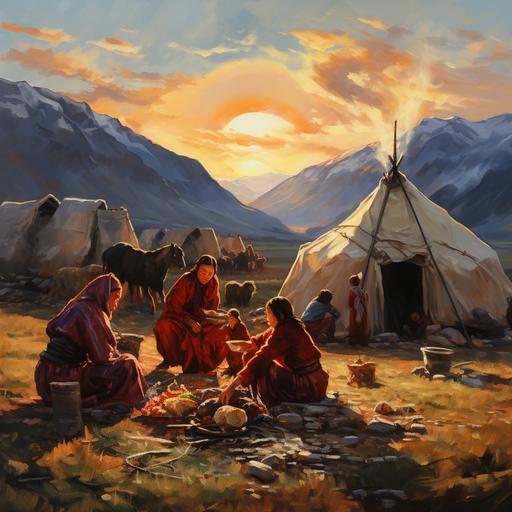 Oil painting, background nature and mountains, time of day is evening, there is a yurt on the left side of the painting, in front of the yurt is a cauldron and three women cook food on fire, women are dressed like Kyrgyz, these women are in a headscarf, on the right side two children play a boy and a girl, in the center there is a man next to him a horse, he looks at the children --s 250