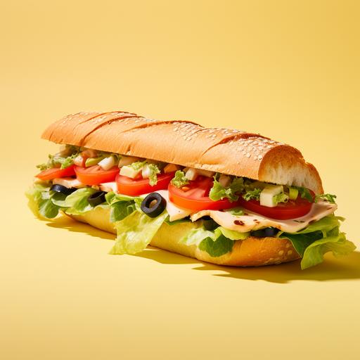 One sandwich from a Subway sandwich shop with mayonnaise, a bright white-toned background, a tasteless sandwich with only lettuce, tomatoes and olives in square flat bread bread