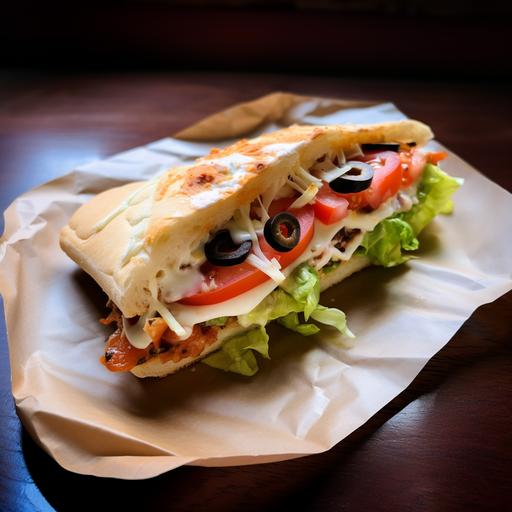 One sandwich from a 'Subway' sandwich shop with only lettuce, tomatoes and olives in square flat bread bread and mayonnaise for sauce