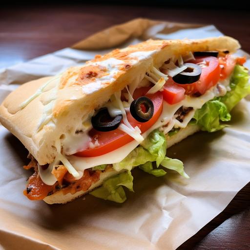One sandwich from a 'Subway' sandwich shop with only lettuce, tomatoes and olives in square flat bread bread and mayonnaise for sauce