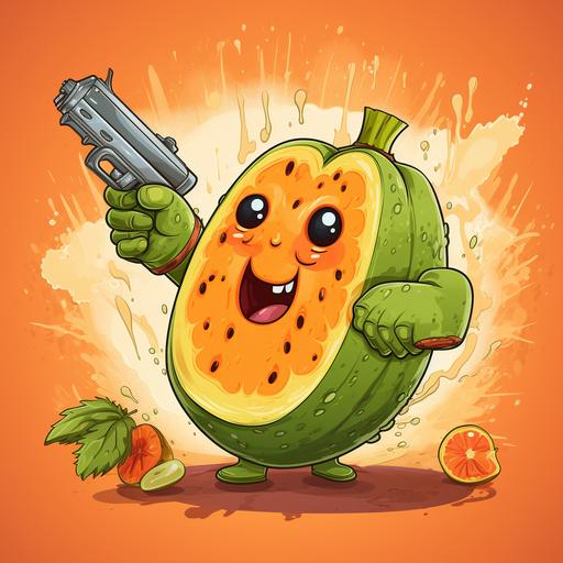 Papaya. Pistol in hand. cartoon style