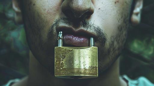 Photo of a person who has his mouth close by a gold padlock, --ar 16:9 --style raw --s 50 --v 6.0