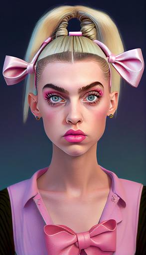 Photoreal Young-Adult Woman Helga from Hey Arnold! Wearing 90s haute couture, her unique features and heavy eyebrows enhanced by dramatic make-up and fashion lighting, her iconic pink bow and long angular pigtails, Paris runway --upbeta --seed 5434492 --ar 9:16 --v 4