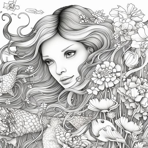 Prompt: coloring book page::A whimsical pattern of African American mermaids and sea creatures:: high detail adult coloring book page thin black lines white background –no book, logo, page, letters, words, markers, flowers, animals –no black background –v 4