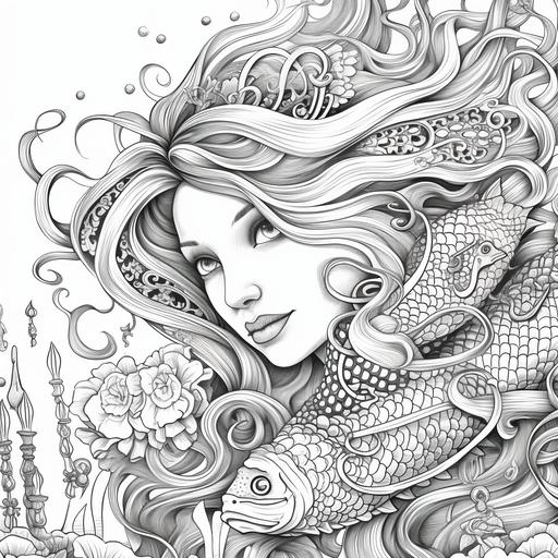 Prompt: coloring book page::A whimsical pattern of mermaids and sea creatures:: high detail adult coloring book page thin black lines white background –no book, logo, page, letters, words, markers, flowers, animals –no black background –v 4