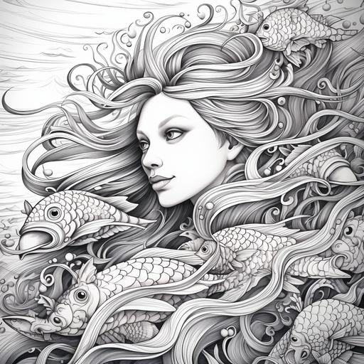 Prompt: coloring book page::A whimsical pattern of mermaids and sea creatures:: high detail adult coloring book page thin black lines white background –no book, logo, page, letters, words, markers, flowers, animals –no black background –v 4