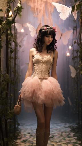 : Realistic photo. brunette pale model walking on a runway in lace babydoll dress fairycore soft with pastel photo filter. Floral fairy headress, pink fishnets, pink wings backpack. Runway background is a wall with faux trees and floor is faux grass. --ar 9:16 --v 5.2 --style raw