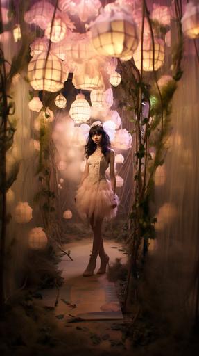 : Realistic photo. brunette pale model walking on a runway in lace babydoll dress fairycore soft with pastel photo filter. Floral fairy headress, pink fishnets, pink wings backpack. Runway background is a wall with faux trees and floor is faux grass. --ar 9:16 --v 5.2 --style raw