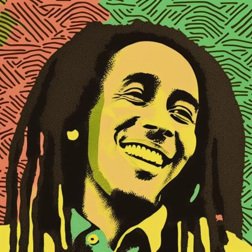 Portrait of Bob Marley, happy, in color, style of Keith Haring --v 4