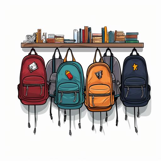 Row of backpacks hanging on hooks, each personalized with patches and pins, showcasing individuality and excitement for a new school year. T-shirt design graphic, vector, contour, white background.