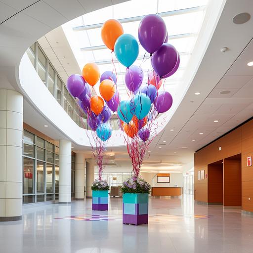 Create a vibrant and welcoming scene set within a contemporary hospital foyer, featuring a joyful assortment of love-heart shaped balloons in hues of purple, orange, teal, and white that are gently floating in the air. This image should resonate warmth, compassion, and dedication, fostering an approachable and authentic atmosphere. –ar 1.91:1 –detail 35 –s 5000 –q 2