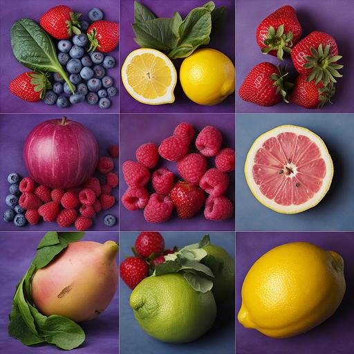 individual fruit photos in a farm, colorful, pink, green, yellow, blue, purple, lemon, lettuce. camera shot, real