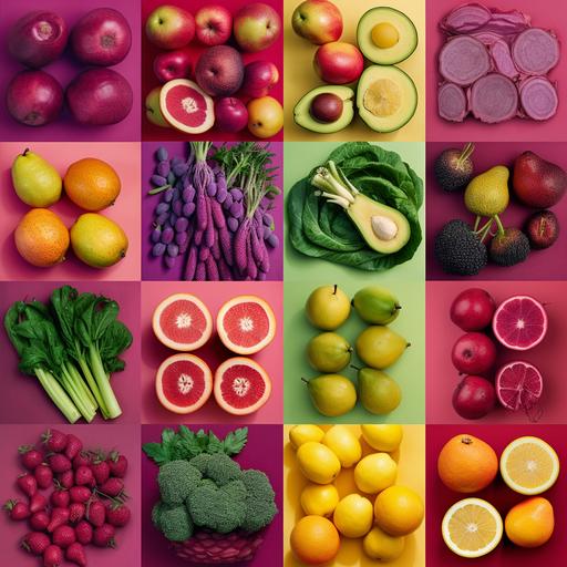 individual fruit photos in a farm, colorful, pink, green, yellow, blue, purple, lemon, lettuce. camera shot, real