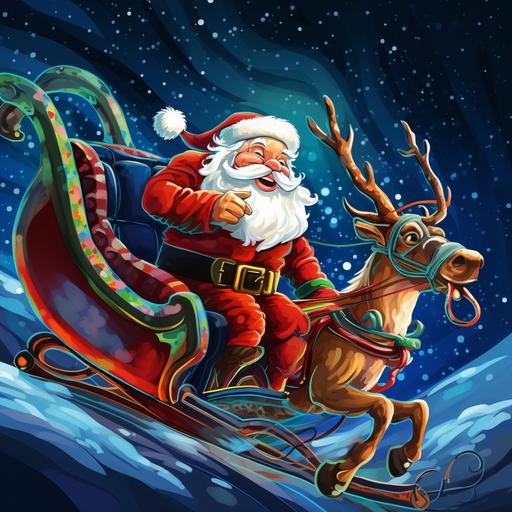 kids illustration, santa claus in sleigh and reindeer flying in the night sky, Santa Claus close up, cartoon style, vivid colors, thick lines, low detail, vivid colors, ar-- 9:11