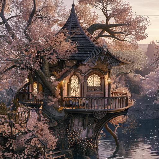 THE CHERRY BLOSSOM ASTROLABE TREEHOUSE:: beautiful ornate golden Astrolabe designed treehouse in a gigantic pink cherry blossom tree:: on a high sheer tall blue grey and brown cliff with light snow and blossom trees:: Joseph Zbukvic and Moebius and Alphonse Mucha and Erin Hanson:: Intricate details, very realistic, cinematic lighting, volumetric lighting, photographic