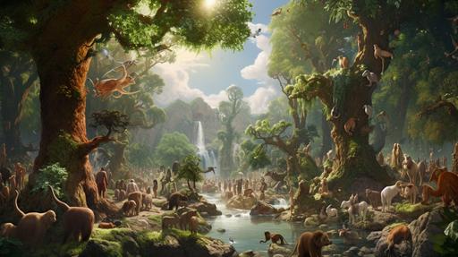 : The Garden of Eden, filled with Animals and Adam and Eve, photo realistic --ar 16:9