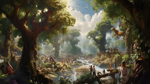 : The Garden of Eden, filled with Animals and Adam and Eve, photo realistic --ar 16:9