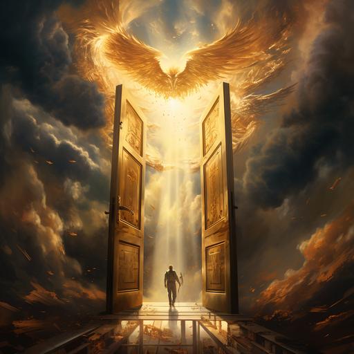 The angel guided me out of the prison, and the doors opened automatically, clouds, big doors, gold, 4k --v 5.2