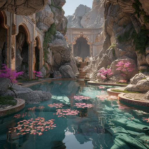 The lost city of Atlantis , Greg Rutkowski, ArtStation, CGSociety, Unreal Engine, CryEngine 4k, 8k, HDR, Hyperrealistic, volumetric lighting, very very beautiful scenery, bloom, very detailed, small rocks, puddles of water, in the valley--v 6