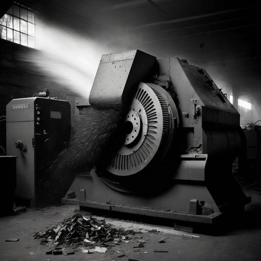 , The shredder's sharp blades tear apart the rubber tire, sending fragments flying in all directions. The machinery hums with power as it shreds the material with ease, leaving behind only scraps. , The industrial shredder is situated in a factory, surrounded by stacks of metal scraps and unused equipment. Sparks fly as the machine slices through the tire, and the workers in the background appear focused on their tasks. , The atmosphere is tense as the shredder violently shreds the tire, filling the air with the scent of burning rubber. The machine's power is on full display, and there is a sense of danger and urgency present in the scene. , A realistic photograph that captures the shredder in action, with a wide-angle lens to showcase the size and power of the machine. The photo is taken from a low angle to provide a unique perspective, and the image is slightly desaturated to create a gritty, industrial feel.