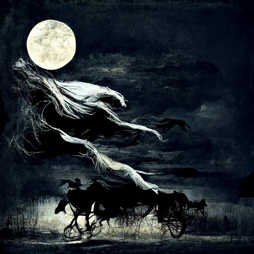 : The wind was a torrent of darkness among the gusty trees. The moon was a ghostly galleon tossed upon cloudy seas. The road was a ribbon of moonlight over the purple moor, And the highwayman came riding— Riding—riding— The highwayman came riding, up to the old inn-door.