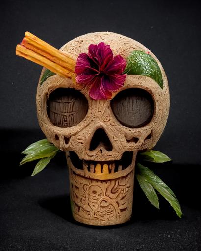 / Tiki style coconut drink with bendy straw   sugar skull with tropical flowers, Dia De Los Muertos, 32k, 3D, cocktail --ar 4:5