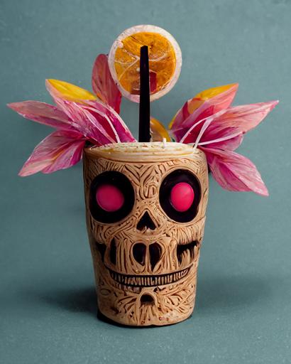 / Tiki style coconut drink with bendy straw   sugar skull with tropical flowers, Dia De Los Muertos, 32k, 3D, cocktail --ar 4:5
