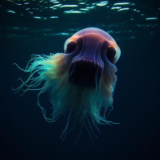 Translucent face, Slobbery kiss, mouth wide, crazy eyes, more jelly fish, bioluminescent, deep sea, darkness, neon illumination, More humanoid, human:3, translucent, slimy, jellyfish, national geographic aesthetic,     --v 5 --s 50
