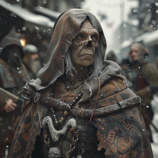 Ultra high resolution, ultra high detail, extremely photorealistic image of a decaying dirty gaunt old Viking woman witch doctor zombie wearing a dirty tattered leather and fur cape with hood, deep set white opaque eyes, scraggly white hair, rune tattoos on her face, bone necklace, in the background are decaying dirty Viking warriors wearing torn armor and dirty tattered fur trench coats, long dirty oily her, carrying very large oversized machine guns, in a damaged modern city in the snow --v 6.0