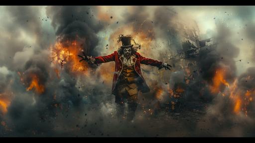 Ultra high resolution, ultra high detail, ultra photorealistic image of a decaying dirty circus ringmaster demon with long yellow teeth wearing a dirty red elaborate tailcoat and dirty white waistcoat and dirty knee-high boots and dirty top hat, in a war damaged modern city, smoke and embers, hyper realistic, 4k ultra HD, cinematic --ar 16:9 --v 6.0