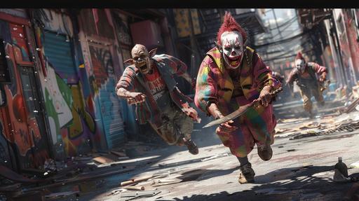 Ultra high resolution, ultra high detail, ultra photorealistic image of dirty clown demons wearing old faded tattered circus clothes running down a city street toward the viewer, long yellow teeth and deep set white opaque eyes, old faded jester hats with rusty bells, large long rusty serrated knives, the street is dirty with trash and debris, graffiti on the walls, in a damaged modern dirty city --ar 16:9 --v 6.0