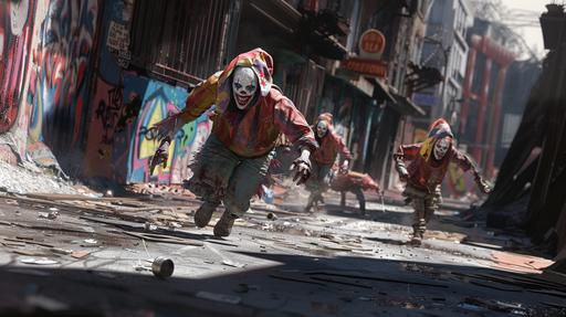 Ultra high resolution, ultra high detail, ultra photorealistic image of dirty clown demons wearing old faded tattered circus clothes running down a city street toward the viewer, long yellow teeth and deep set white opaque eyes, old faded jester hats with rusty bells, large long rusty serrated knives, the street is dirty with trash and debris, graffiti on the walls, in a damaged modern dirty city --ar 16:9 --v 6.0