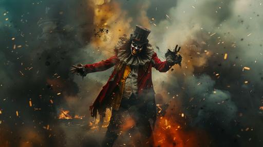 Ultra high resolution, ultra high detail, ultra photorealistic image of a decaying dirty circus ringmaster demon with long yellow teeth wearing a dirty red elaborate tailcoat and dirty white waistcoat and dirty knee-high boots and dirty top hat, in a war damaged modern city, smoke and embers, hyper realistic, 4k ultra HD, cinematic --ar 16:9 --v 6.0