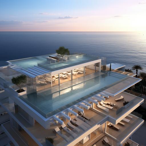 Current situation: A pool floor situated on the 9th floor of The Blue Cliff Hotel building, with an outdated design, rectangular in shape, above which residential structures begin. New situation: Redesign the 9th-floor pool area to embody the utmost in luxury for an elite global clientele. The layout will feature a rectangular infinity pool offering a south to north sea vista. The upgrade includes a deluxe drink bar, premium high-style chairs, exclusive trees and planters, state-of-the-art lighting, high-end dark-colored anti-slip flooring that mimics parquet, and luxury sunbathing chairs in the pool, all signifying the pinnacle of lavish innovation.