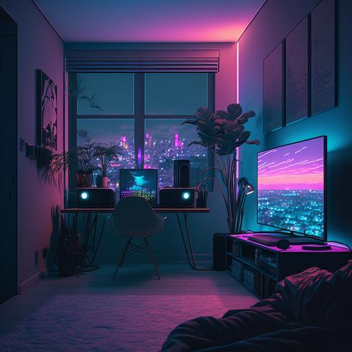 a gamer room with neon lights night ray tracing 8k city outside a window minimalist