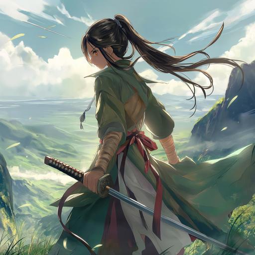 a 13 year old girl, dohngua, plush green mountainious fields, long sword, dark beady eayes, action, samurai pose, character, female, --v 6.0
