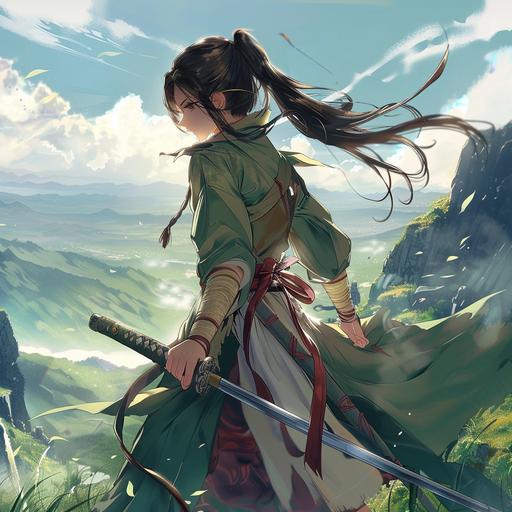 a 13 year old girl, dohngua, plush green mountainious fields, long sword, dark beady eayes, action, samurai pose, character, female, --v 6.0