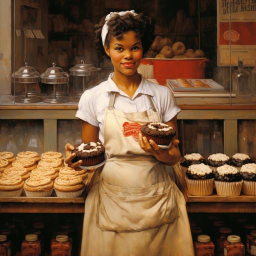 a Norman Rockwell painting of a pretty black woman who works at a muffin shop and she is giving her muffins away