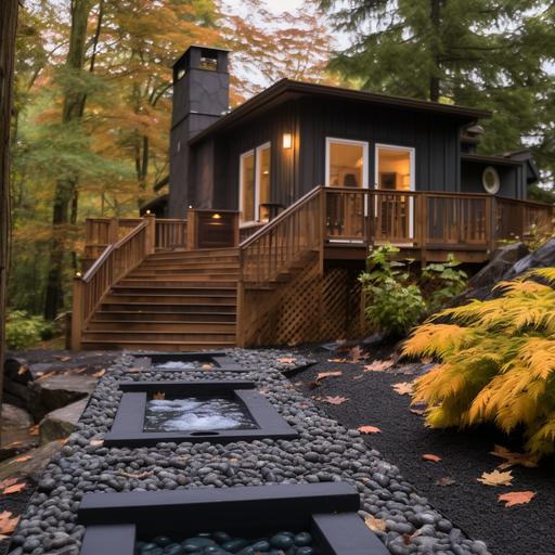 / a backyard of an all-black board and batten home with a small cedarwood square sauna and cedar wood circler hot tub steaming side by side with matching wood fence behind the hot tub. A rectangle stone fire pit with flames. yellow pebbles as the ground and a path of wood plank that lead from the house to the hot tub and sauna