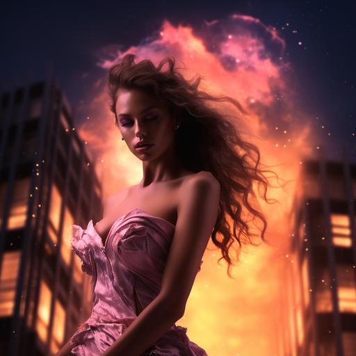 a beautiful woman who burns with pink fire on a skyscraper in the moonlight
