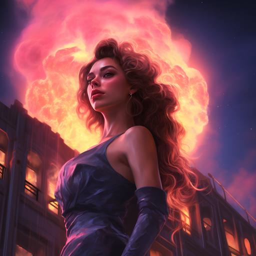a beautiful woman who burns with pink fire on a skyscraper in the moonlight