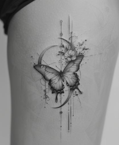 a butterfly and moon tattoo in black and white, in the style of digital painting and drawing, minimalist ink wash, commission for, siya oum, tanya shatseva, alena aenami, magnified ornamentation --ar 23:28