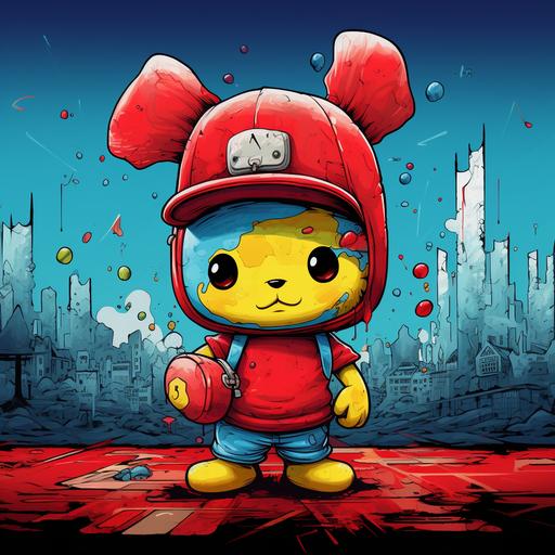 a cartoon bunny character with red hat is holding a red baseball cap, in the style of kawaii street art, dark yellow and sky-blue, catcore, referential painting, kubisi art, gelatinous forms, digitally enhanced