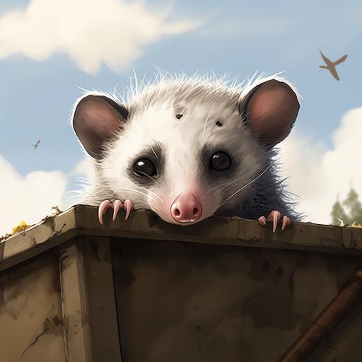 a cartoon possum on top of a dumpster, cute, cartoon