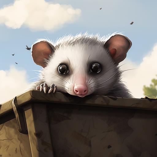 a cartoon possum on top of a dumpster, cute, cartoon