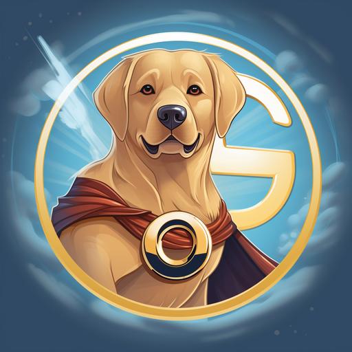 a cartoon superhero golden labrador dog named omnidoge. there is a visible letter O logo on his chest. his superpower is travelling through the multiverse.