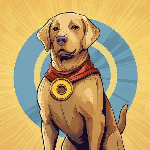 a cartoon superhero golden labrador dog named omnidoge. there is a visible letter O logo on his chest. he is transcendant and can cross universes.