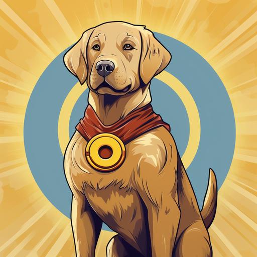 a cartoon superhero golden labrador dog named omnidoge. there is a visible letter O logo on his chest. he is transcendant and can cross universes.