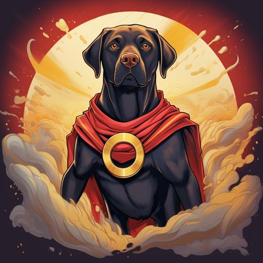 a cartoon superhero labrador dog named omnidoge. there is a visible letter O logo on his chest. his superpower is travelling through the multiverse.